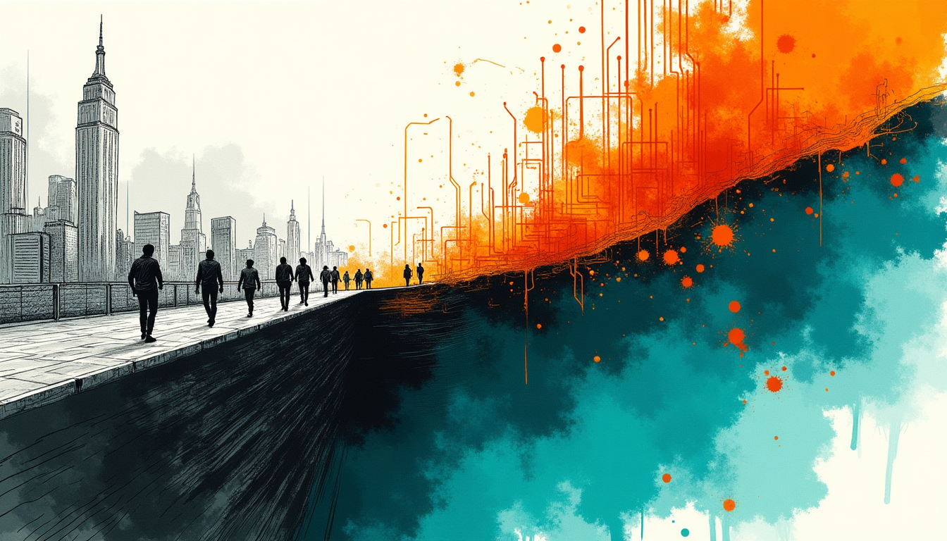 Hand-drawn sketch of a city street breaking open to reveal geological layers beneath — the visible surface hiding deeper structure